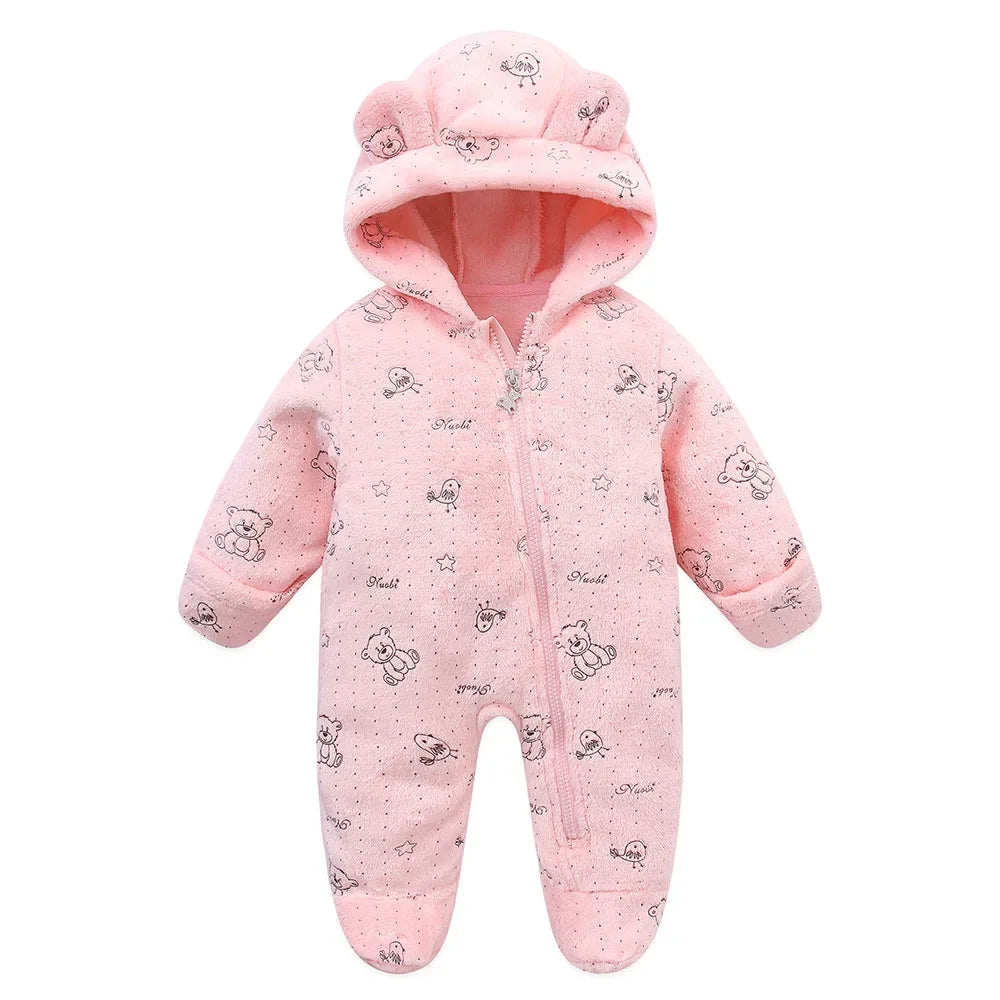 OLEKID 2025 Autumn Winter Newborn Baby overalls Plus Velvet Hooded Kids Baby Girl Rompers 0-1 Years Toddler Boy Jumpsuit Outfits