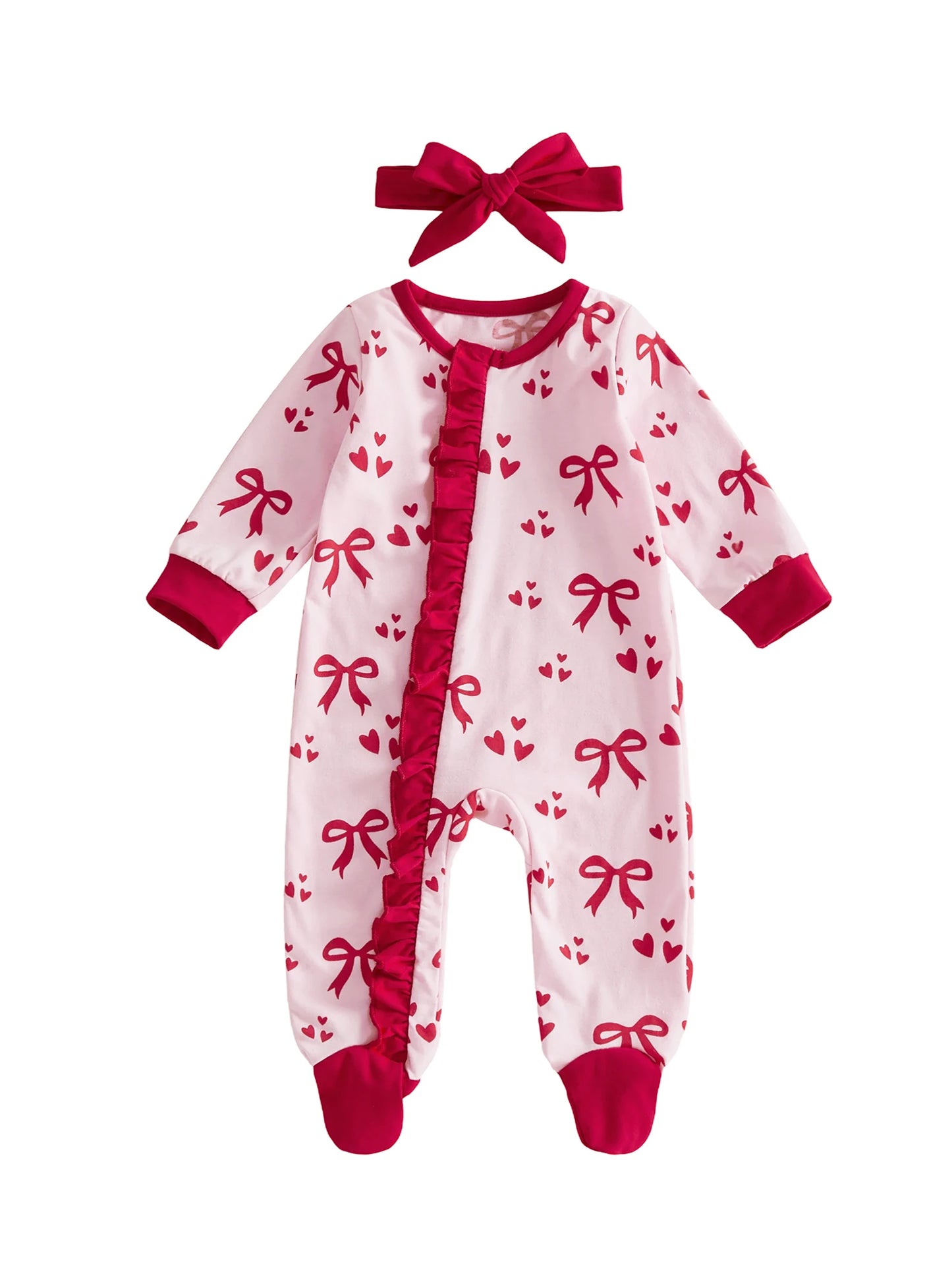 Toddler Girl Valentine s Day Dress Heart Print Long Sleeve Zip-up Footed Romper with Matching Headband 2 Piece Set for Spring