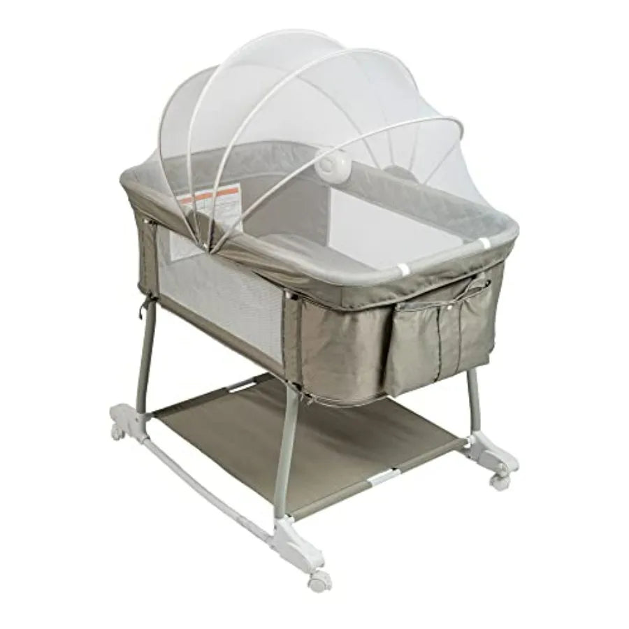 Newborn Portable 3-in-1 Bassinet on Wheels with Rocking Crib and Playard for Baby Breathable Mesh Cover Detachable Mosquito Net