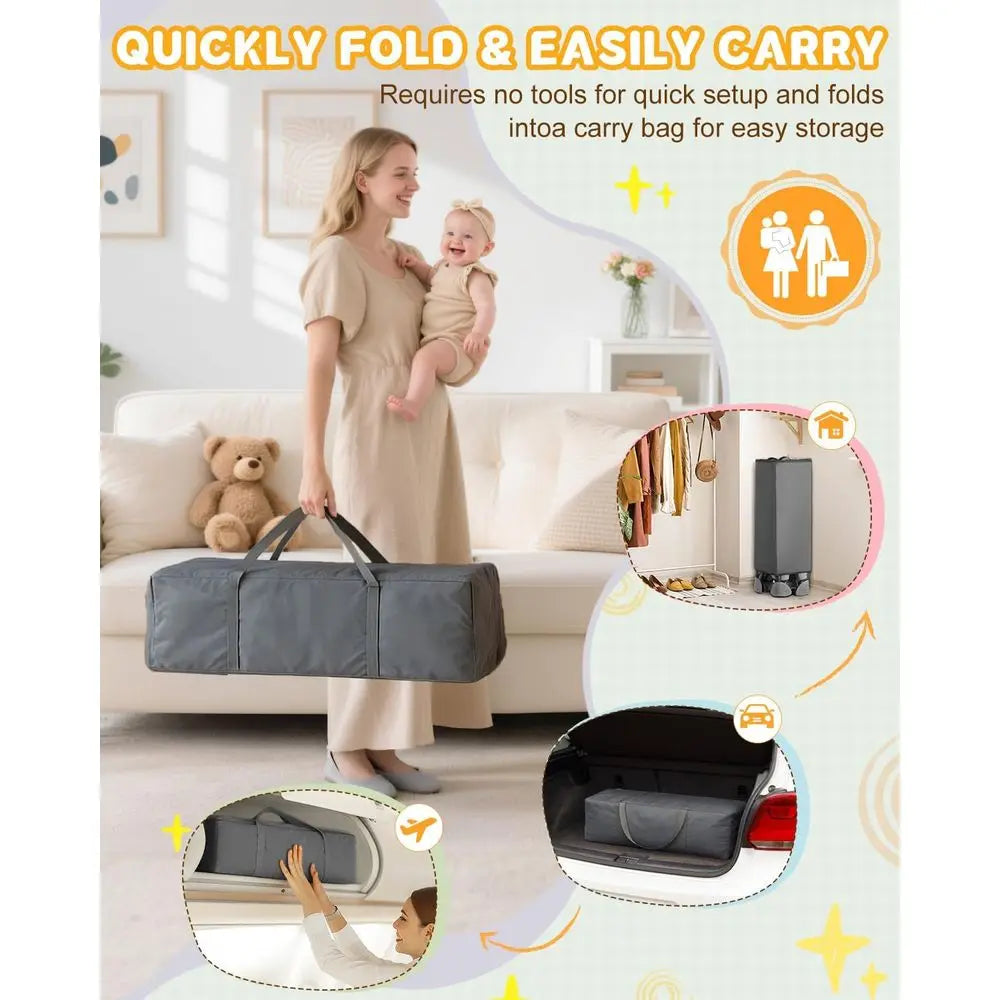 All-in-One Grey Bedside Bassinet with Play, Crib, Changer, Storage, Mosquito Net, Toy Bar for Newborns to Toddlers