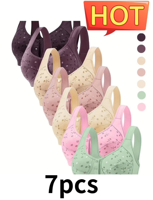 Elegant Front Buckle Floral Bra for Women – 7-Piece Set,  Pressurized Support, Adjustable,  Breathable, Ideal for Breastfeeding