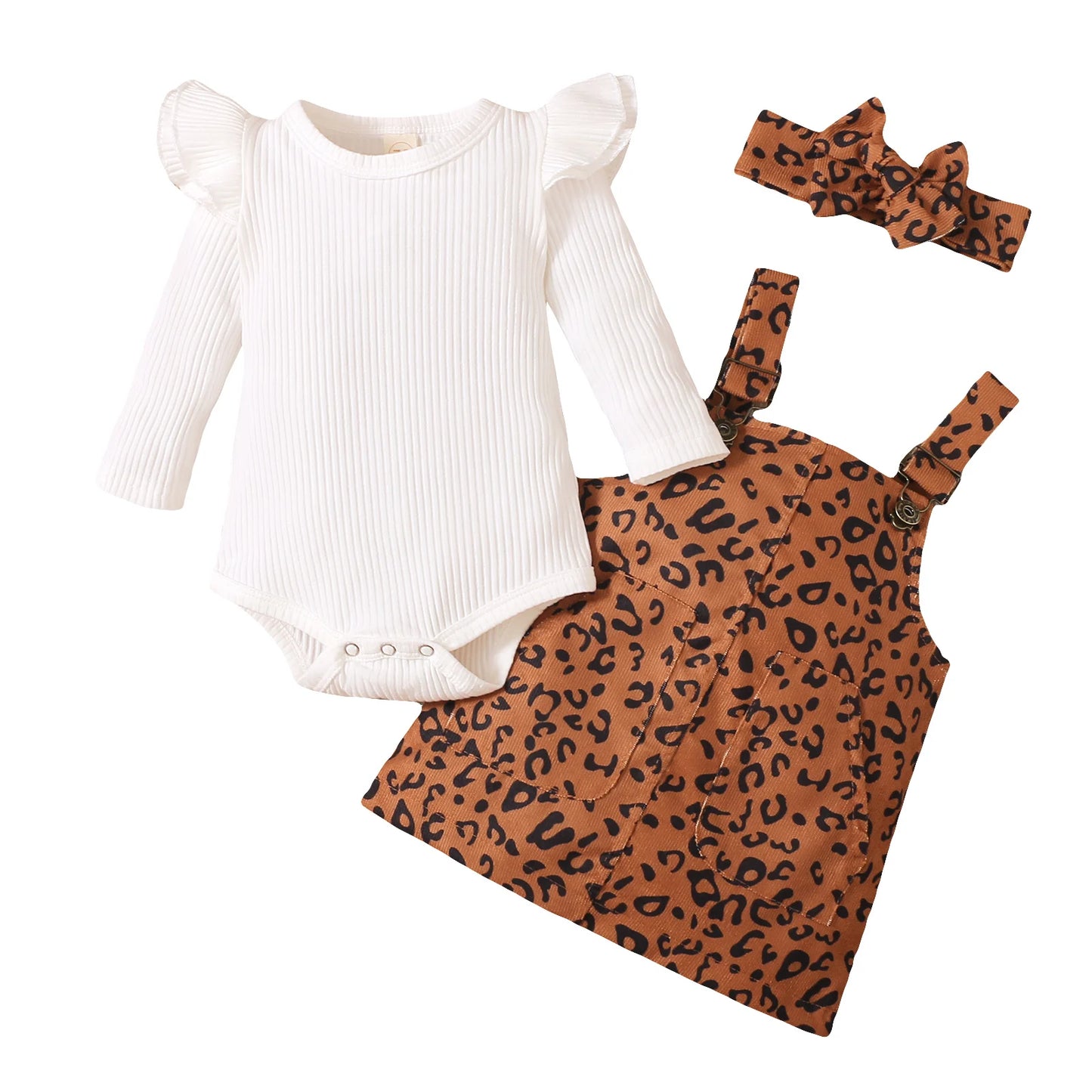 Lioraitiin 0-18M Newborn Infant Baby Girl 3Pcs Autumn Fashion Clothing Set Long Sleeve Solid Bodysuit Top Leopard Skrit