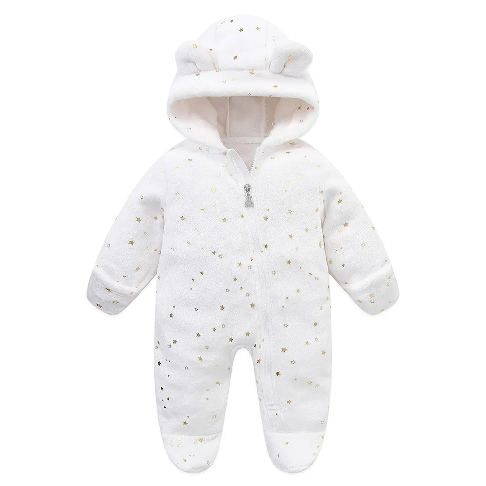 OLEKID 2025 Autumn Winter Newborn Baby overalls Plus Velvet Hooded Kids Baby Girl Rompers 0-1 Years Toddler Boy Jumpsuit Outfits