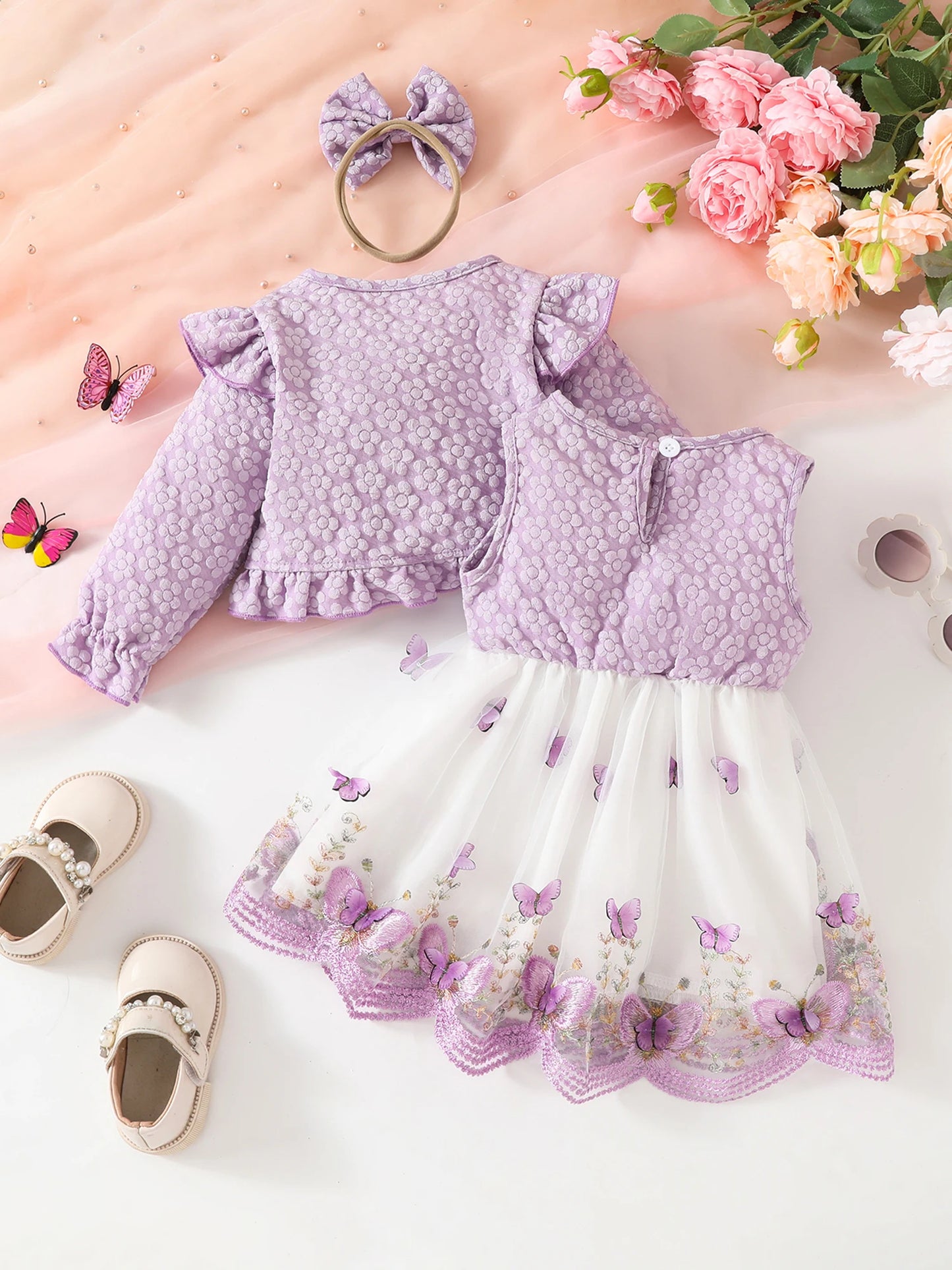 Baby Girl Autumn Outfits Floral Print Ruffle Sleeve Romper Long Sleeve Cardigan Bow Headband 3Pcs Clothing Set