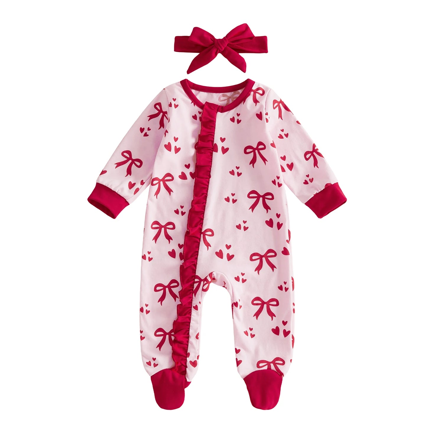 Toddler Girl Valentine s Day Dress Heart Print Long Sleeve Zip-up Footed Romper with Matching Headband 2 Piece Set for Spring