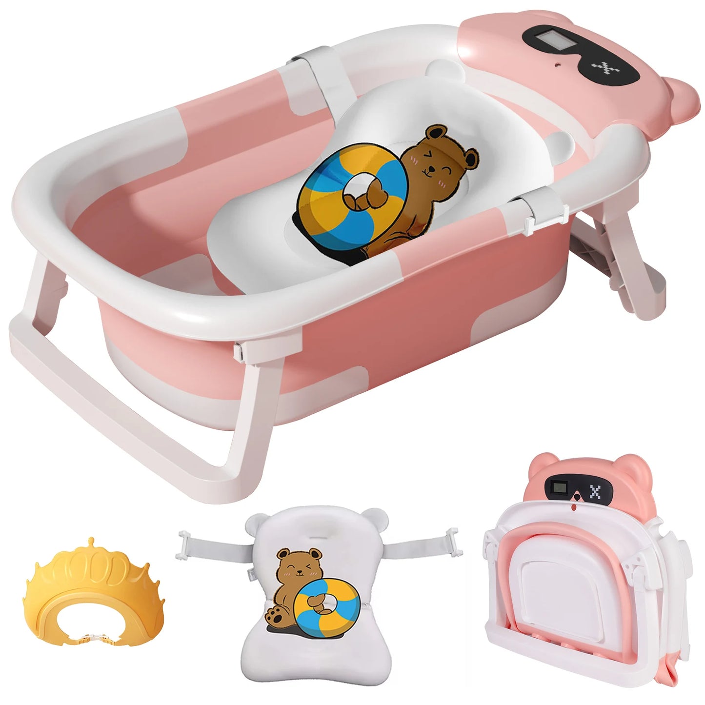 Eco-friendly Baby Bath with Temperature Indicator,Foldable Baby Bathtub for Newborn Baby Bath Tub,Infant Bath Tub with bath mat
