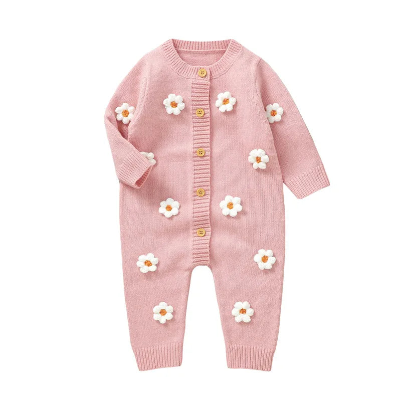 2023-11-01 Lioraitiin Newborn Baby Girl Knitted Jumpsuit Long Sleeve 3D Flower Open Front Button Romper Fall Winter Sweater