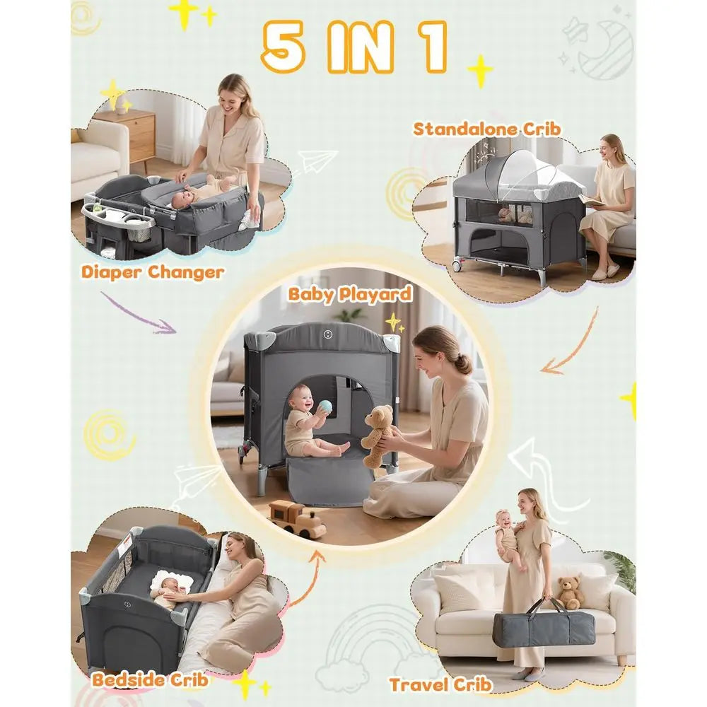 All-in-One Grey Bedside Bassinet with Play, Crib, Changer, Storage, Mosquito Net, Toy Bar for Newborns to Toddlers