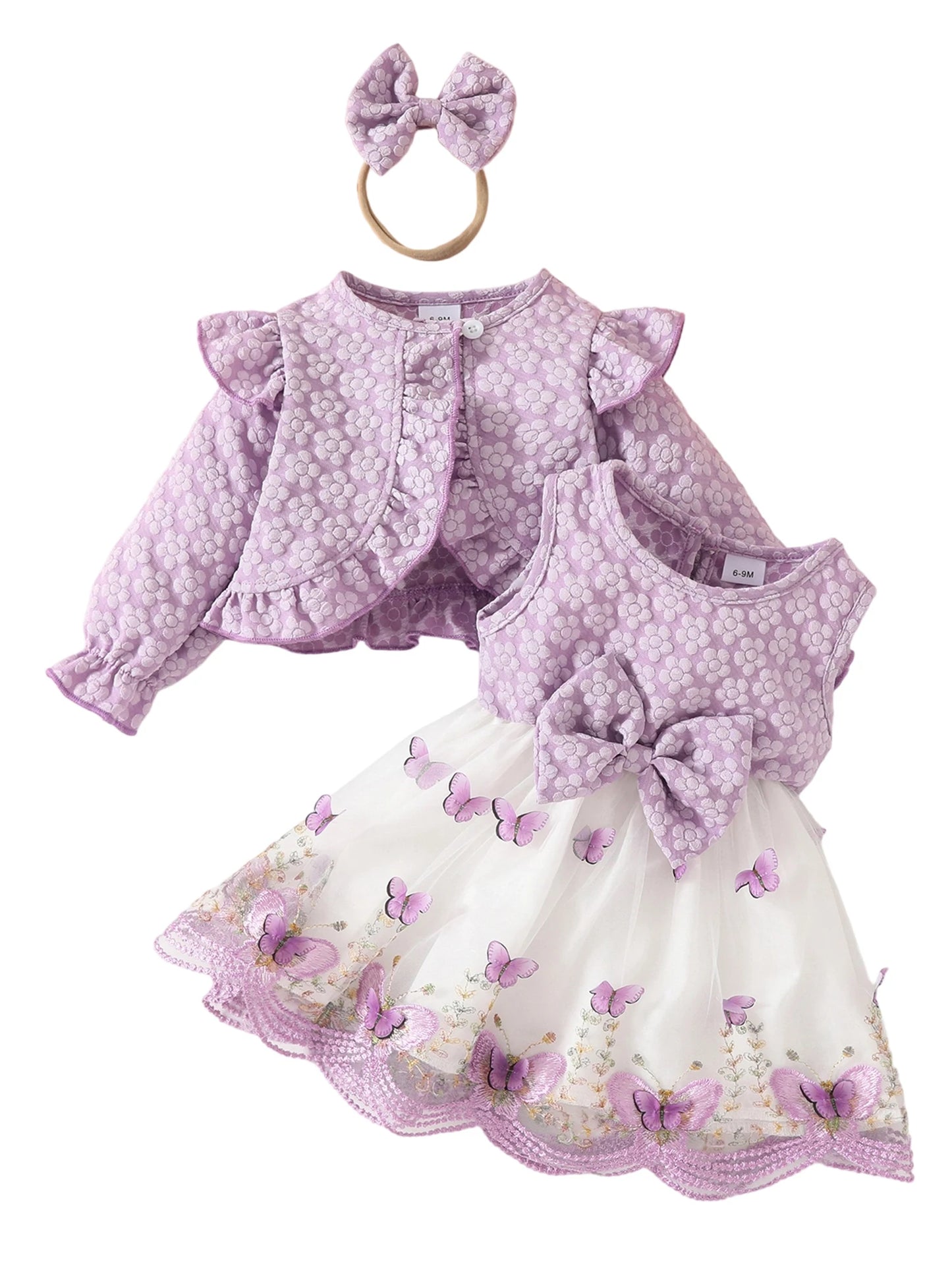 Baby Girl Autumn Outfits Floral Print Ruffle Sleeve Romper Long Sleeve Cardigan Bow Headband 3Pcs Clothing Set