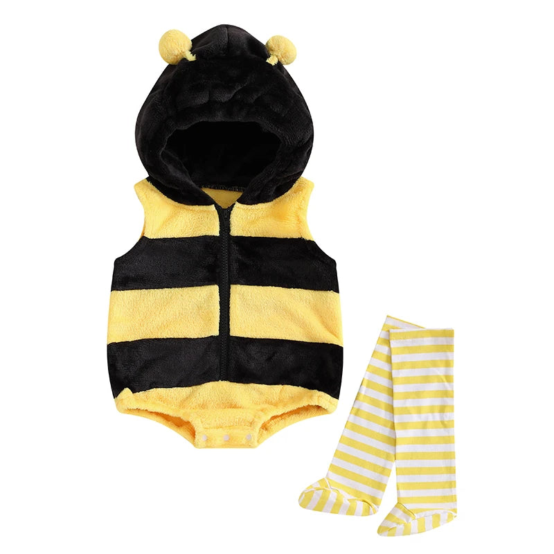 2024-06-24 Lioraitiin 0-24M Baby Bee Costume Sleeveless Hooded Romper Long Socks Set Infant Halloween Costume Newborn Outfit
