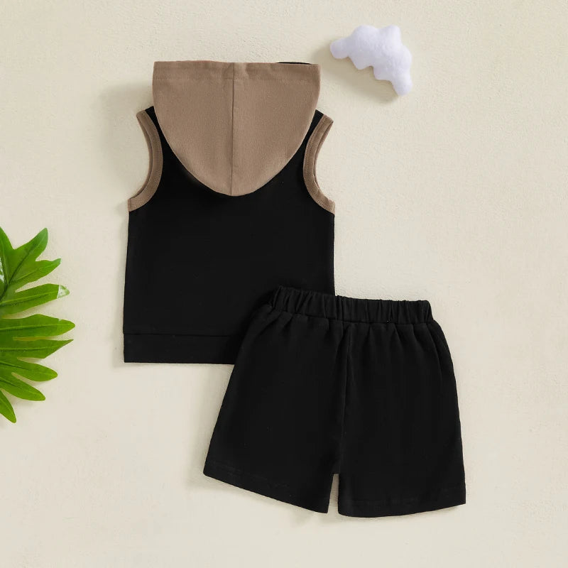 2024-12-10 Lioraitiin Toddler Baby Boy Shorts Set Contrast Color Sleeveless Hooded Tank Tops Elastic Waist Shorts Summer Outfit