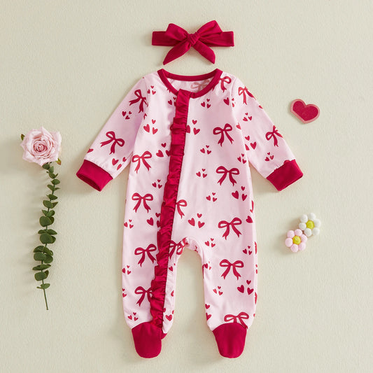 Toddler Girl Valentine s Day Dress Heart Print Long Sleeve Zip-up Footed Romper with Matching Headband 2 Piece Set for Spring
