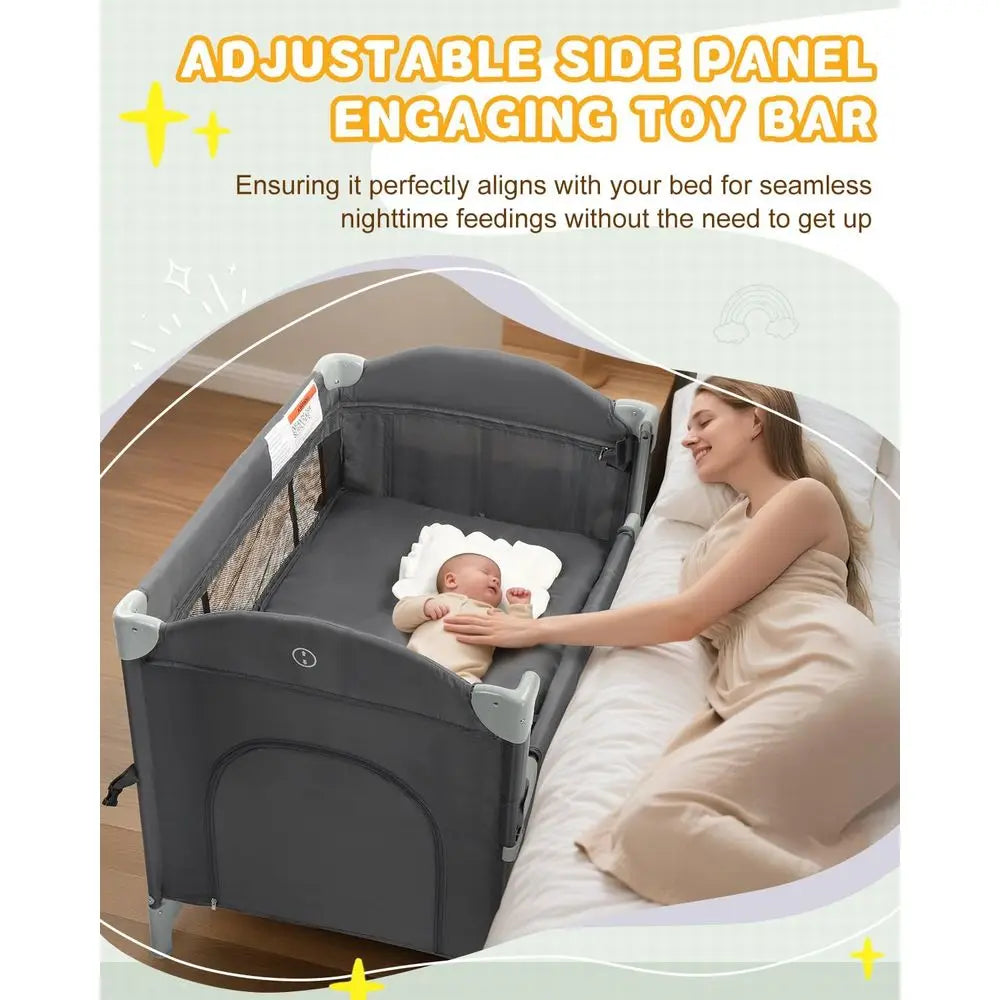 All-in-One Grey Bedside Bassinet with Play, Crib, Changer, Storage, Mosquito Net, Toy Bar for Newborns to Toddlers