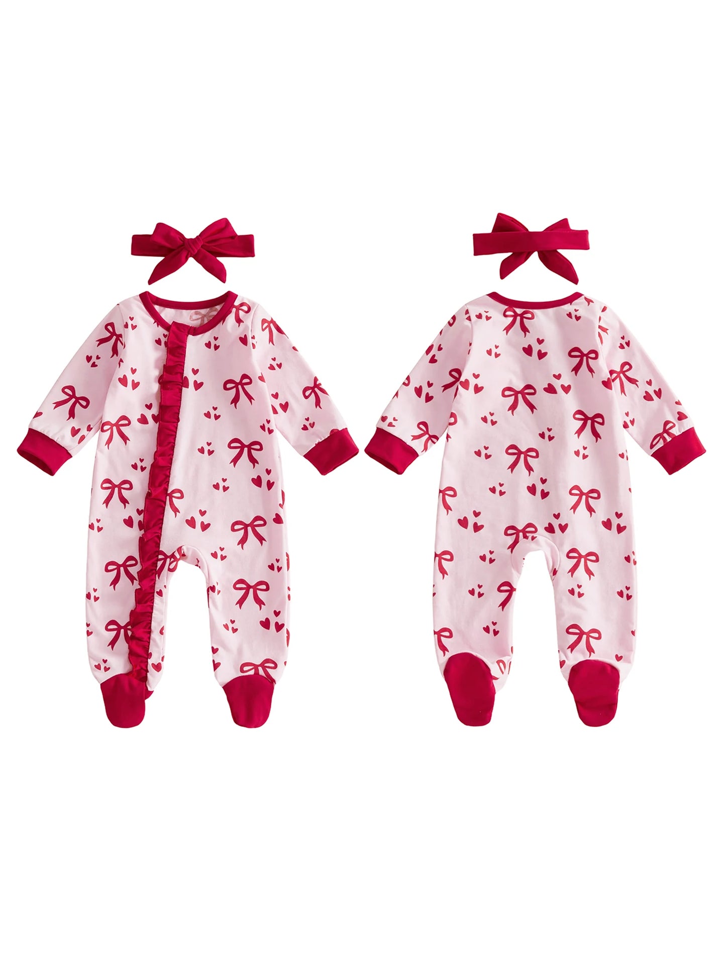 Toddler Girl Valentine s Day Dress Heart Print Long Sleeve Zip-up Footed Romper with Matching Headband 2 Piece Set for Spring