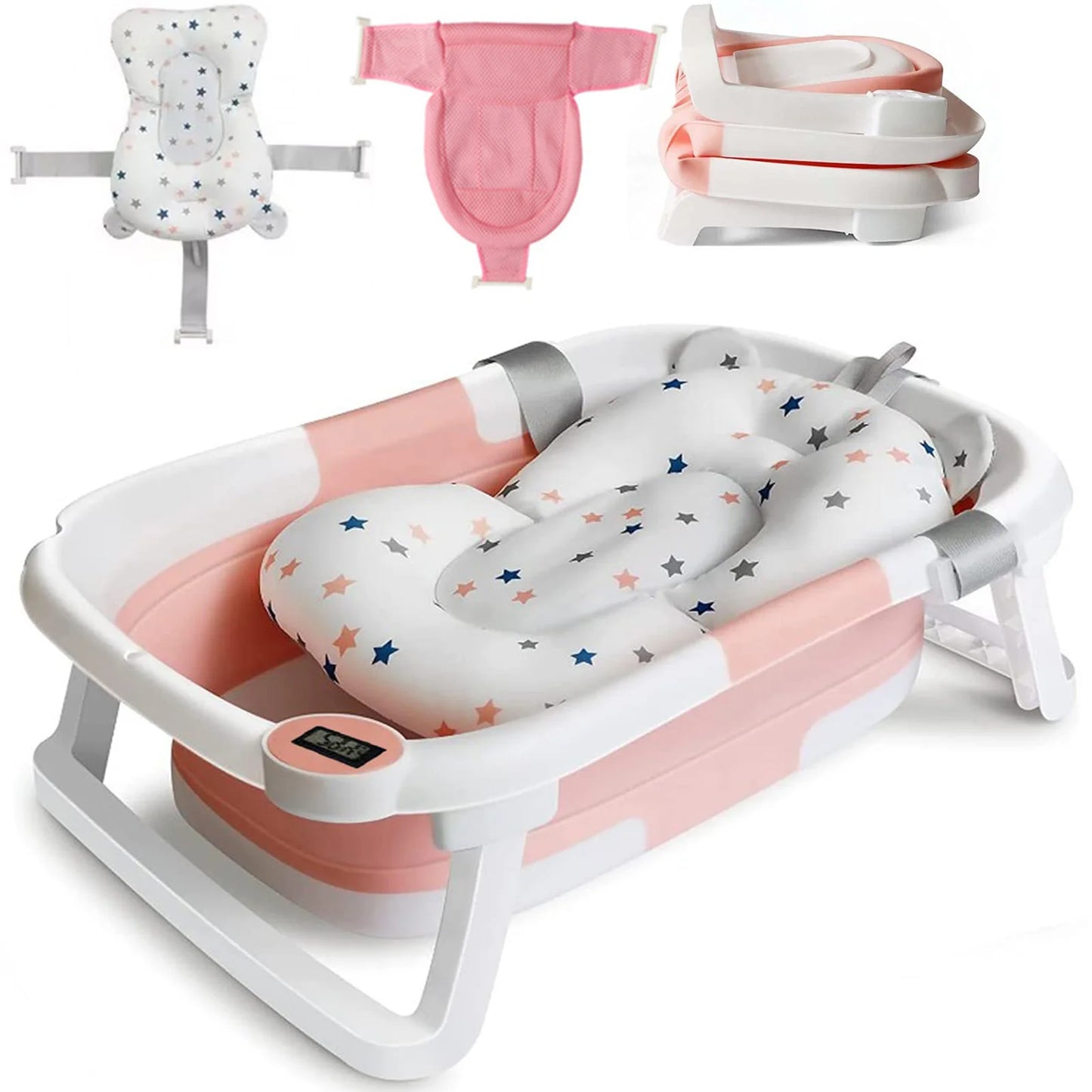 Eco-friendly Baby Bath with Temperature Indicator,Foldable Baby Bathtub for Newborn Baby Bath Tub,Infant Bath Tub with bath mat
