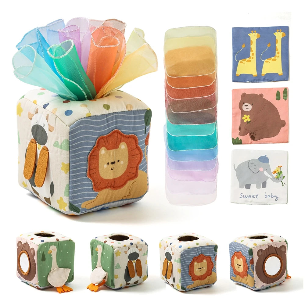 Baby Montessori Toy Magic Tissue Box, Busy Board Game Educational Learning Activity Sensory Toy Soft Rattle Game Cloth Book Gift