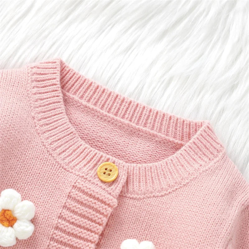 2023-11-01 Lioraitiin Newborn Baby Girl Knitted Jumpsuit Long Sleeve 3D Flower Open Front Button Romper Fall Winter Sweater