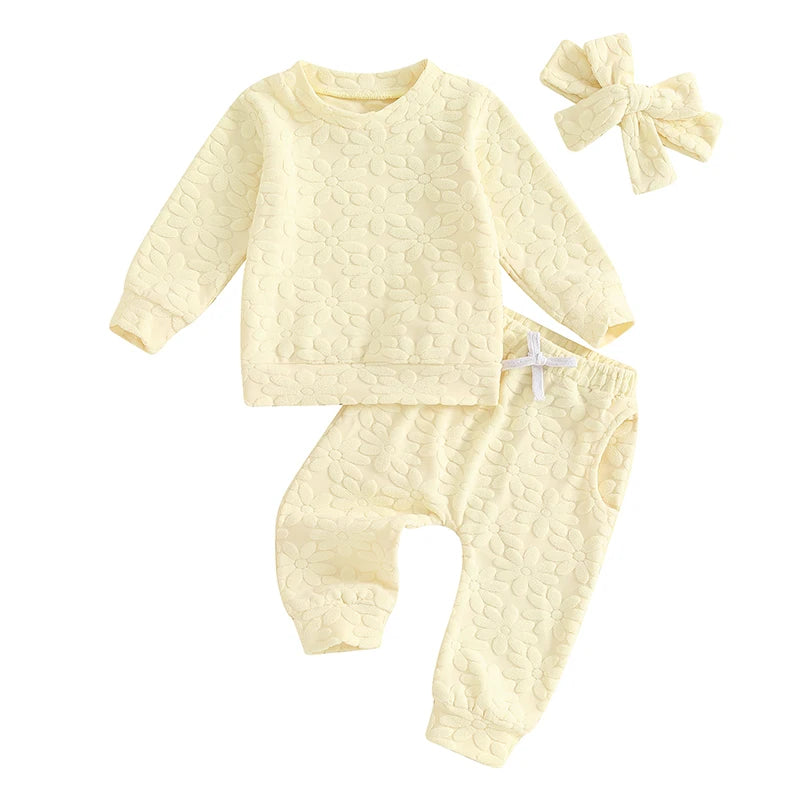 2024-05-22 Lioraitiin Toddler Girl Fall Outfit Daisy Embroidery Long Sleeve Sweatshirt with Elastic Waist Pants Headband Set