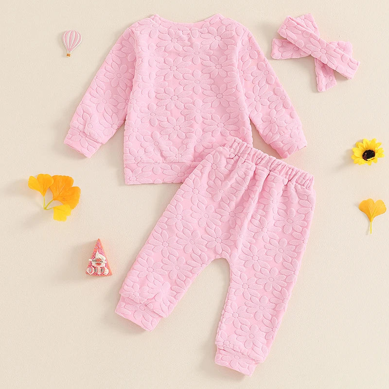 2024-05-22 Lioraitiin Toddler Girl Fall Outfit Daisy Embroidery Long Sleeve Sweatshirt with Elastic Waist Pants Headband Set
