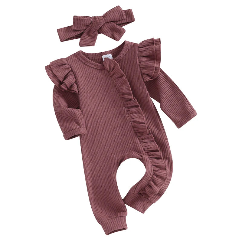 2023-11-02 Lioraitiin 0-12M Newborn Infant Baby Girl Clothes Ruffle Zipper Romper Long Sleeve Jumpsuit Fall Winter Clothes