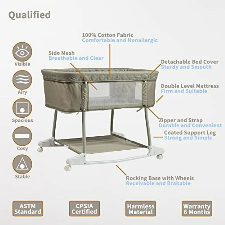 Newborn Portable 3-in-1 Bassinet on Wheels with Rocking Crib and Playard for Baby Breathable Mesh Cover Detachable Mosquito Net