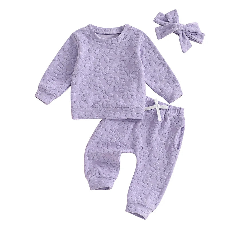 2024-05-22 Lioraitiin Toddler Girl Fall Outfit Daisy Embroidery Long Sleeve Sweatshirt with Elastic Waist Pants Headband Set