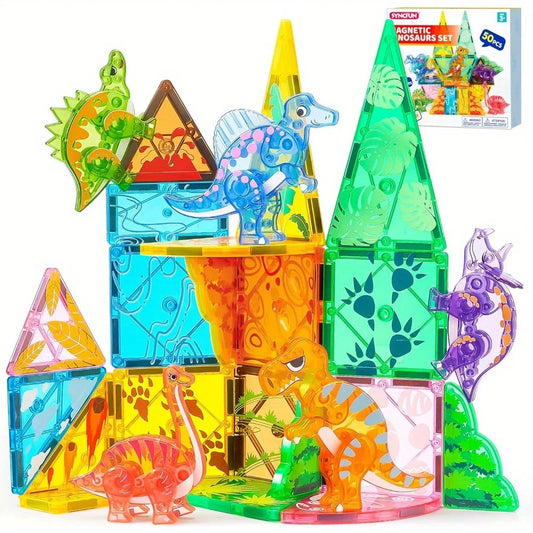 JOYFY 50Pcs Magnetic Building Tiles Dinosaur Set for Kids Christmas Birthday Gift 5 Cute Dinosaurs Educational STEM Toy