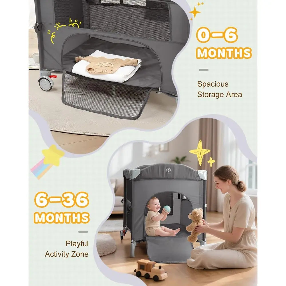 All-in-One Grey Bedside Bassinet with Play, Crib, Changer, Storage, Mosquito Net, Toy Bar for Newborns to Toddlers