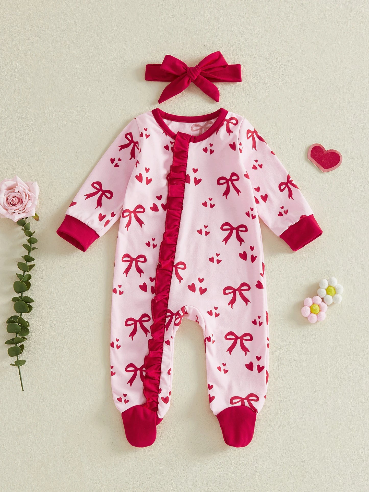 Toddler Girl Valentine s Day Dress Heart Print Long Sleeve Zip-up Footed Romper with Matching Headband 2 Piece Set for Spring