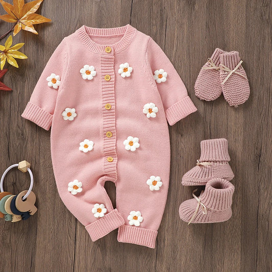 2023-11-01 Lioraitiin Newborn Baby Girl Knitted Jumpsuit Long Sleeve 3D Flower Open Front Button Romper Fall Winter Sweater