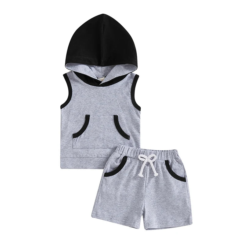 2024-12-10 Lioraitiin Toddler Baby Boy Shorts Set Contrast Color Sleeveless Hooded Tank Tops Elastic Waist Shorts Summer Outfit