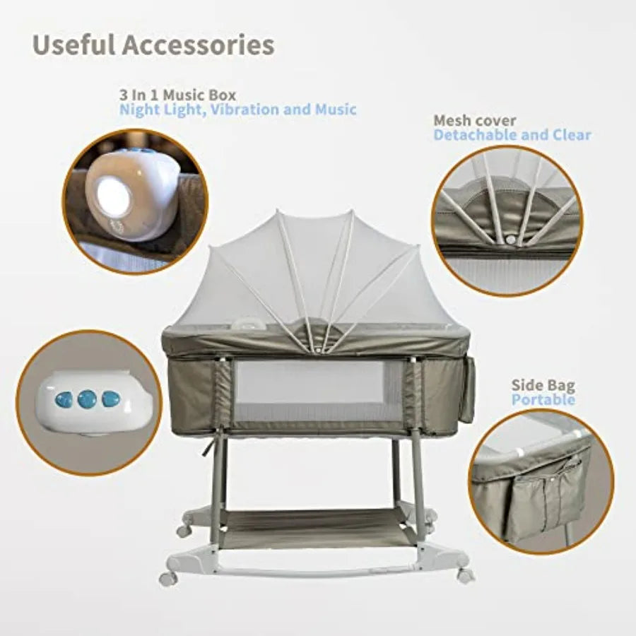Newborn Portable 3-in-1 Bassinet on Wheels with Rocking Crib and Playard for Baby Breathable Mesh Cover Detachable Mosquito Net