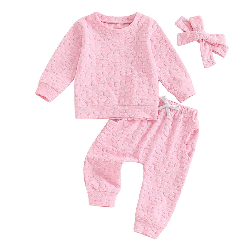 2024-05-22 Lioraitiin Toddler Girl Fall Outfit Daisy Embroidery Long Sleeve Sweatshirt with Elastic Waist Pants Headband Set