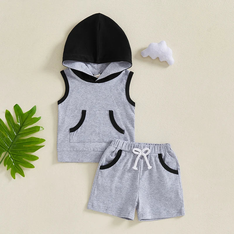 2024-12-10 Lioraitiin Toddler Baby Boy Shorts Set Contrast Color Sleeveless Hooded Tank Tops Elastic Waist Shorts Summer Outfit
