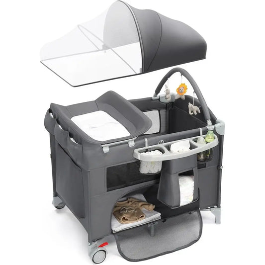 All-in-One Grey Bedside Bassinet with Play, Crib, Changer, Storage, Mosquito Net, Toy Bar for Newborns to Toddlers