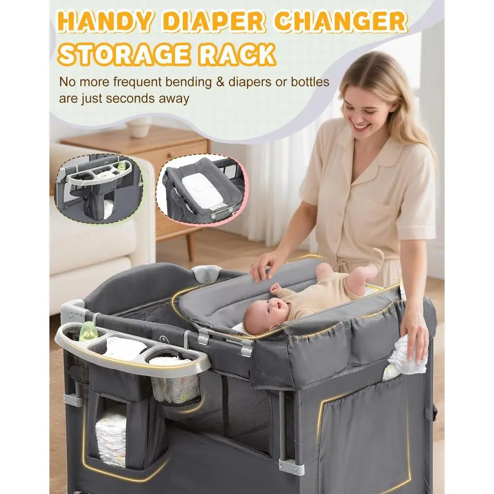 All-in-One Grey Bedside Bassinet with Play, Crib, Changer, Storage, Mosquito Net, Toy Bar for Newborns to Toddlers