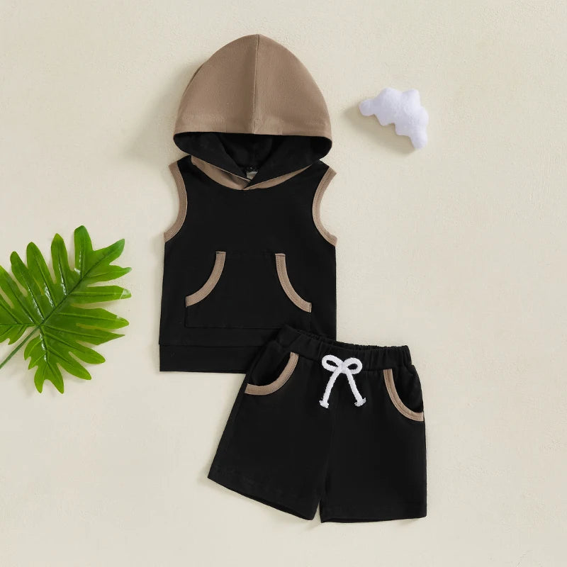 2024-12-10 Lioraitiin Toddler Baby Boy Shorts Set Contrast Color Sleeveless Hooded Tank Tops Elastic Waist Shorts Summer Outfit