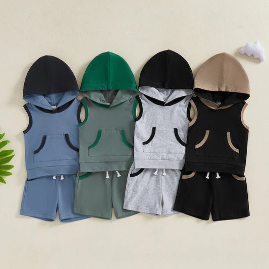 2024-12-10 Lioraitiin Toddler Baby Boy Shorts Set Contrast Color Sleeveless Hooded Tank Tops Elastic Waist Shorts Summer Outfit
