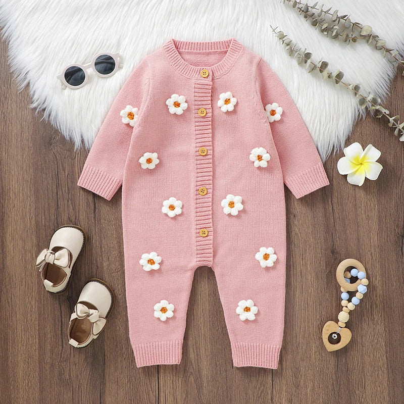 2023-11-01 Lioraitiin Newborn Baby Girl Knitted Jumpsuit Long Sleeve 3D Flower Open Front Button Romper Fall Winter Sweater