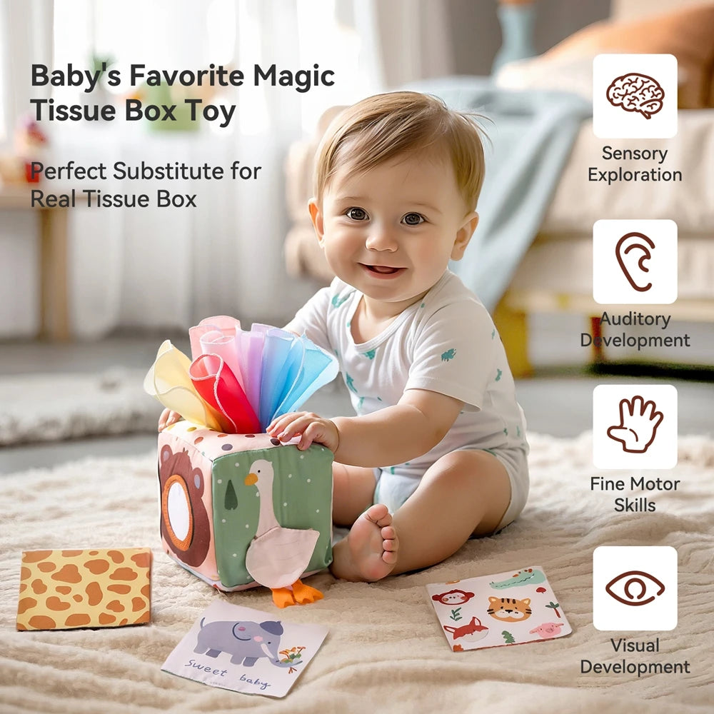 Baby Montessori Toy Magic Tissue Box, Busy Board Game Educational Learning Activity Sensory Toy Soft Rattle Game Cloth Book Gift